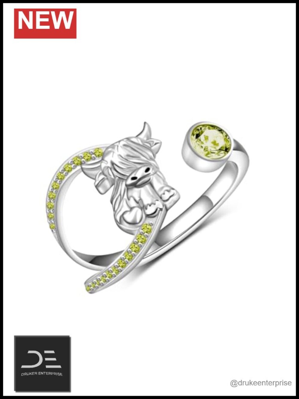 Highland Cow Ring 925 Sterling Silver Adjustable Zircon Statement Jewelry Gift